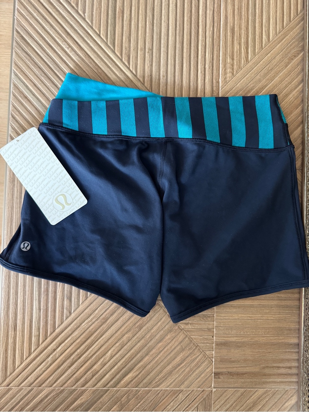 lululemon athletica Navy Blue Athletic Shorts with Teal Striped Waistband NWT